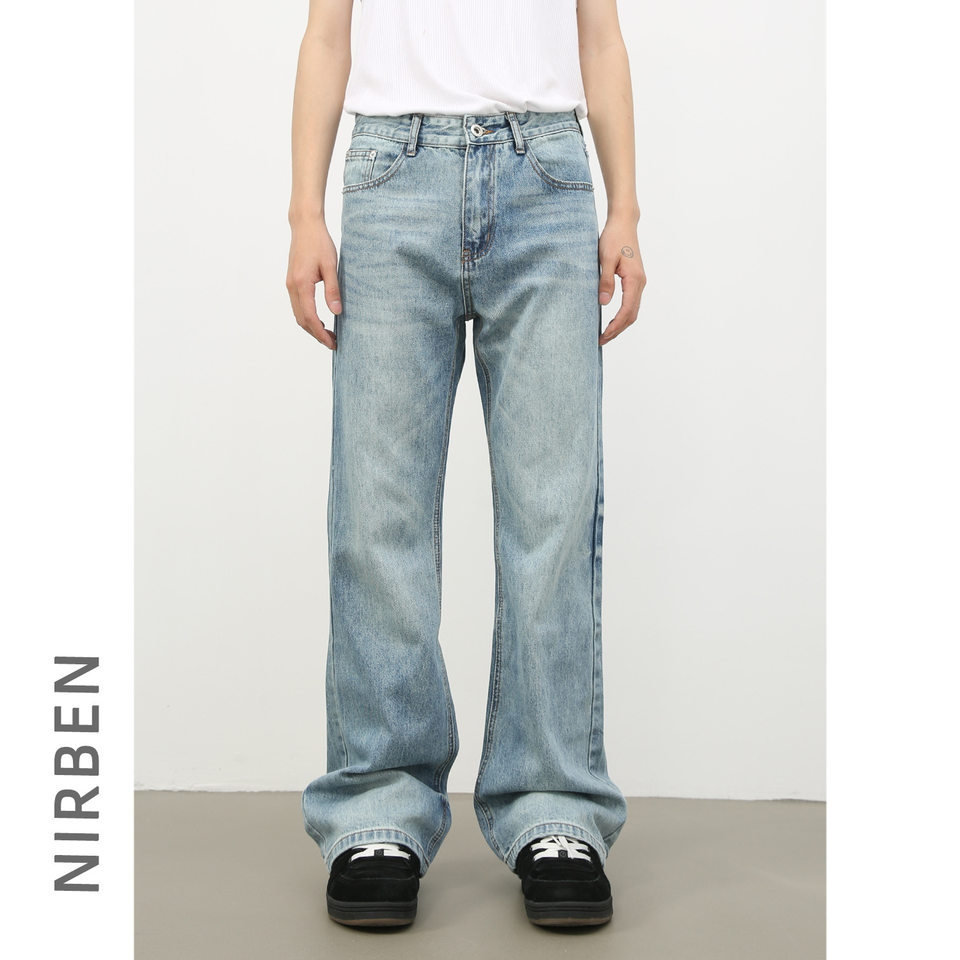 Quần jean nam ống loe nhẹ cạp vừa dáng suông rộng giặt wash cổ điển — Màu xanh lam, Đen xám