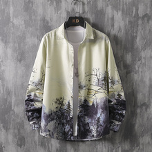 2023秋季新款印花翻领长袖衬衫男士韩版修身青年休闲衬衣外套潮男