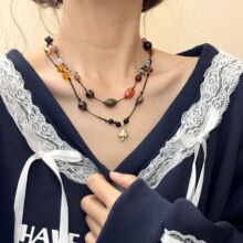 年年有鱼法式编织复古项链叠戴天然石颈链毛衣链长款女