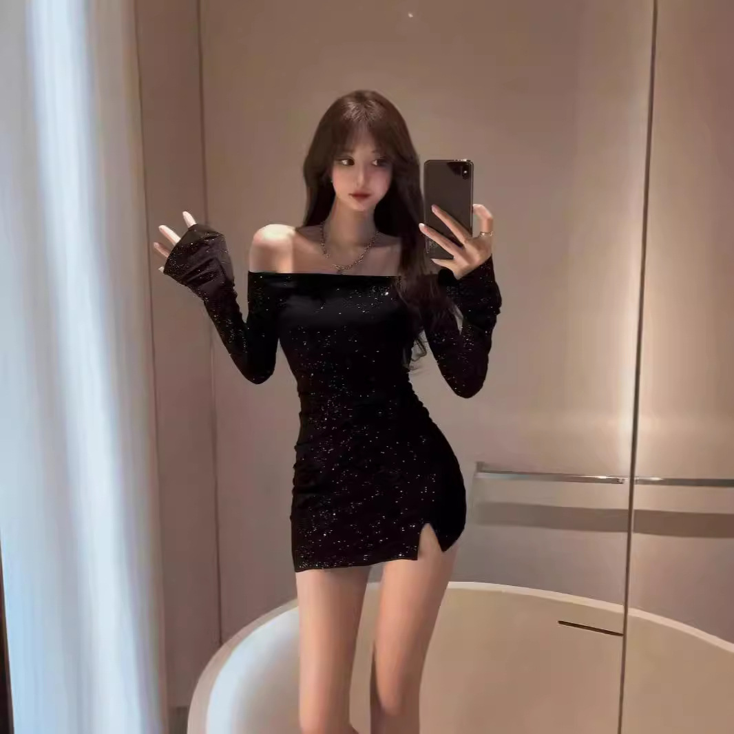 纯欲网红性感辣妹一字领闪闪紧身包臀小黑裙长袖开叉褶皱连衣裙女
