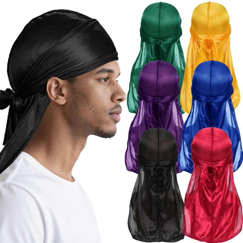 Cross-Border Popular Item: Imitation Silk Long-Tailed Pirate Hat, Silk Headscarf Hat, Direct Sales from the Manufacturer, Silky Durag Cross-Border Popular Item: Imitation Silk Long-Tailed Pirate Hat, Silk Headscarf Hat, Direct Sales from the Manufacturer, Silky Durag