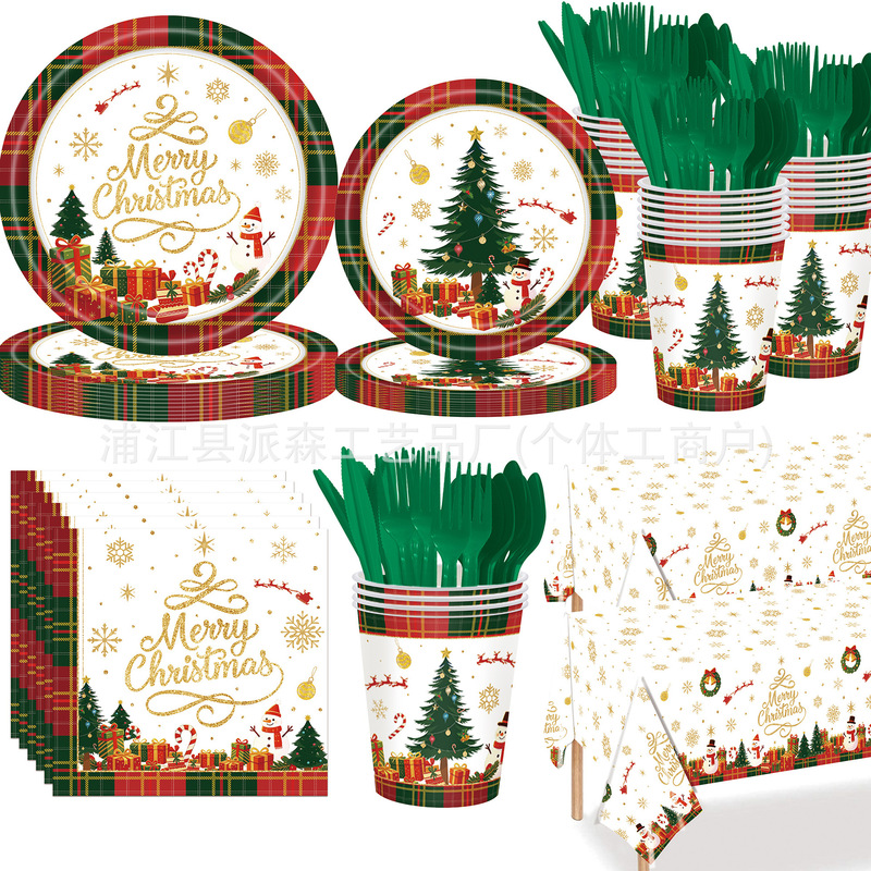 New Red and Green Plaid Christmas Themed Party Decoration Supplies Disposable Tablecloths Paper Plates Paper Cups Paper Towels Tableware New Red and Green Plaid Christmas Themed Party Decoration Supplies Disposable Tablecloths Paper Plates Paper Cups Paper Towels Tableware