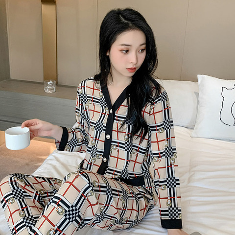 봄과 가을 파자마 여성용 아이스 실크 긴팔 바지 한 펑이나 가디건 인터넷 트렌디 홈 의류 투피스 의상 869