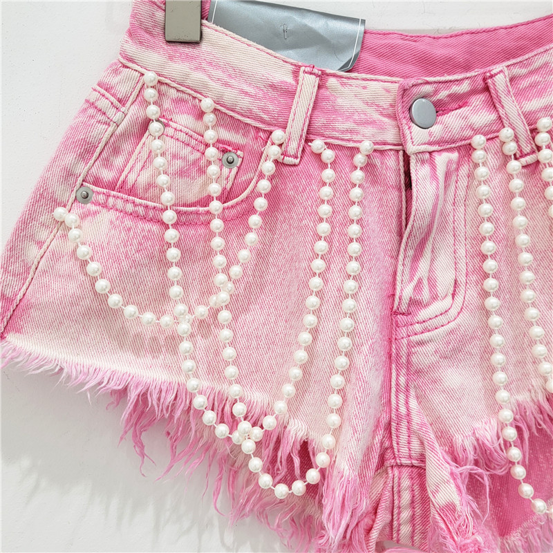 Pantalones Cortos de Mezclilla con Cuentas de Mezclilla con Bordes Deshilachados para Verano