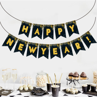 2025 HAPPY NEW YEAR Fireworks Black Gold New Year Flag New Year's Eve Arrange Swallowtail Flag Birthday Party Dress