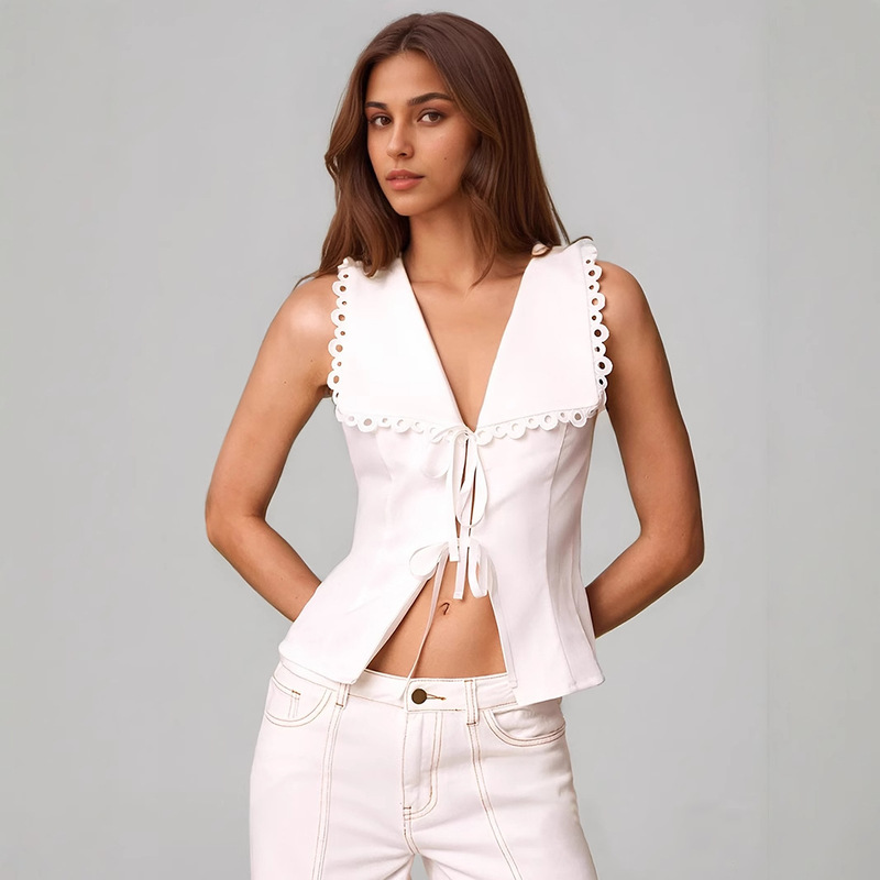 European and American Clothing Cross-Border White Lace Lace-Up Shirt Intellectual Vest Elegant Women's Slim Sleeveless Top