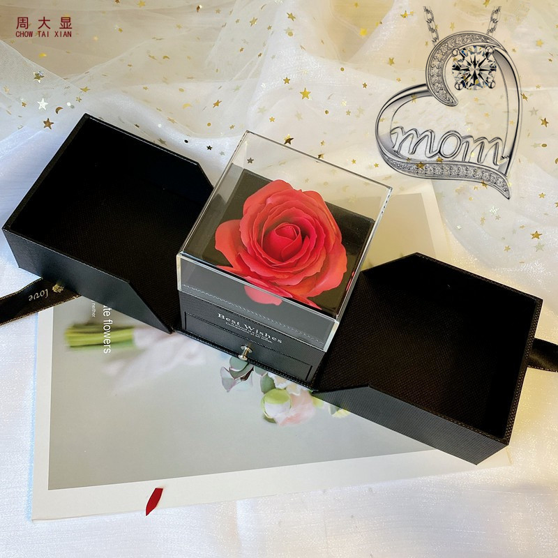 MOM 목걸이 화이트 다이아몬드 (구리) 플러스 시뮬레이션 꽃 선물 상자 블랙; 기본 사양