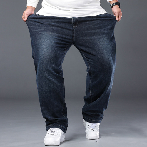 Autumn/Winter New Trend Elastic Denim Jeans for Men Straight Leg Loose Fit Plus Size Fat Man Mid-rise Long Pants