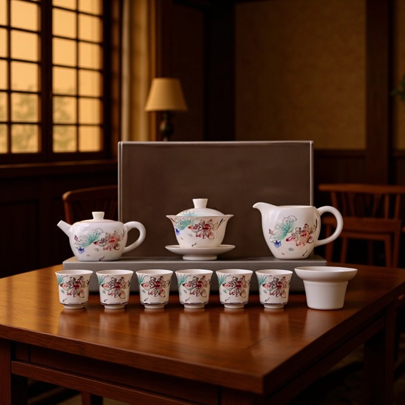 羊脂玉白瓷茶具套组功夫茶具套装办公会客茶壶盖碗泡茶具釉上彩