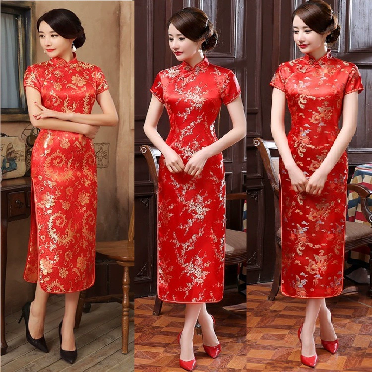 Dress, retro suit, long cheongsam, oolong tea Da Hong Pao, wholesale, Chinese style, with short sleeve, city style