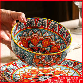 跨境波西米亚瓷碗拉面碗漂亮碗瓷器微波炉专用碗碟碗套装燕麦碗盘