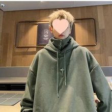 假两件加绒连帽卫衣男秋春夏新款潮牌美式复古半拉链加厚外套