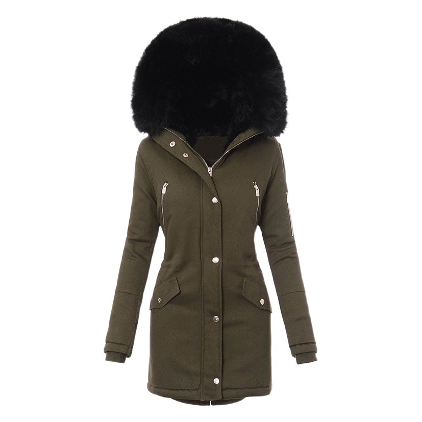 Amazon popular invierno abrigo de algodón acolchado de las mujeres Cuello de piel Abrigo acolchado de algodón abrigo de las mujeres de longitud media con capucha cintura apretada caliente chaqueta acolchada de algodón