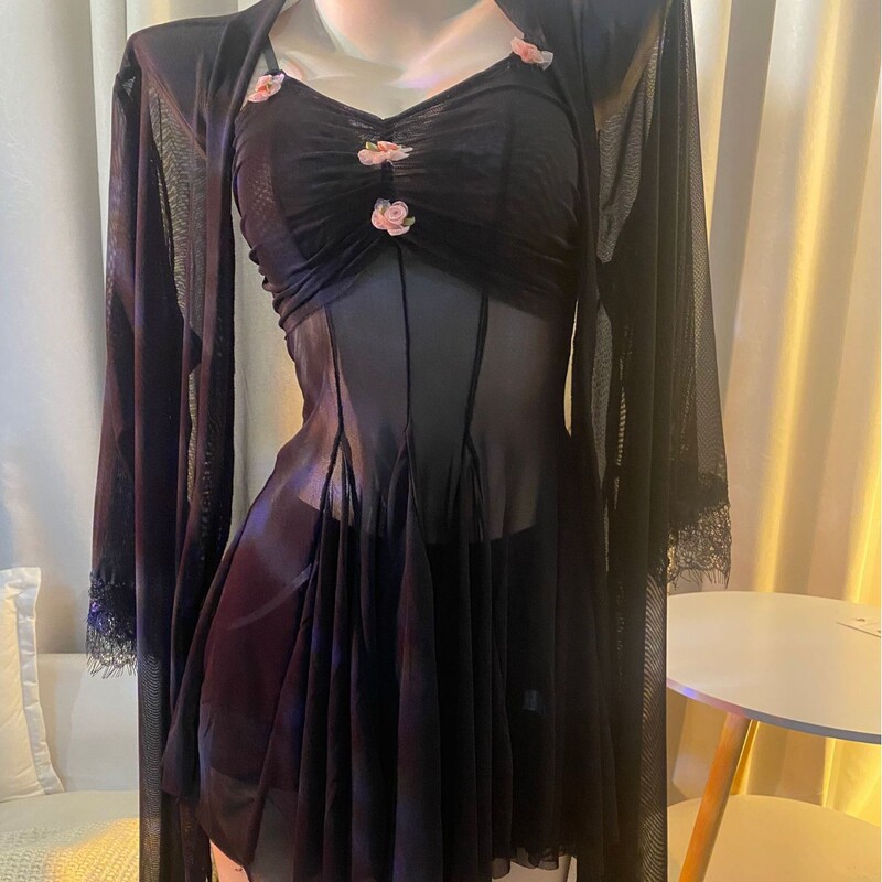 Plus-Size Sexy Camisole Nightdress with Sheer Mesh Uniform, Pure Desire Temptation Sleepwear Set, Home Lace