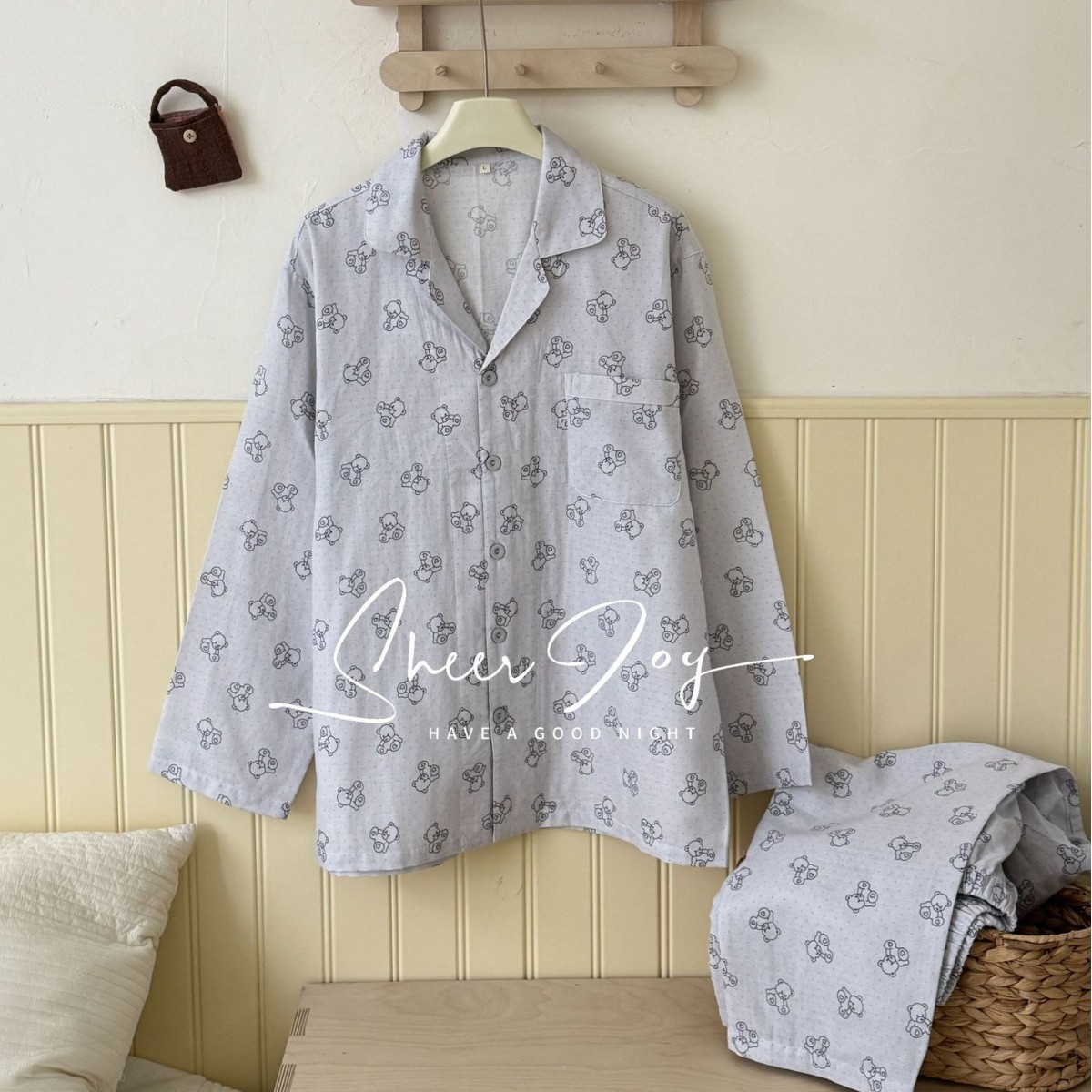 Double-Layer Yarn Pure Cotton Pointed Collar Cartoon Men's Loungewear Series Long-Sleeve Long Pants Little Bear's Dream - Gray