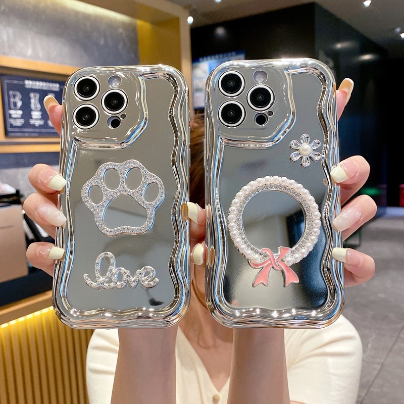 Protective Phone Case For IPhone 17 16 15 14 13 12 11 Pro Promax Plus Premium Silver Plated 15 Phone Case 3D Luxury Pearl Makeup Mirror_voghion.com