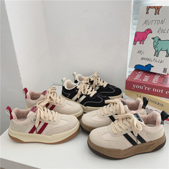 Women's 2023 New Korean Version Casual Winter Canvas Shoes with Thick Soles and Fleece Lining, Versatile British Style White Training Shoes with Fleece and Cotton Insoles