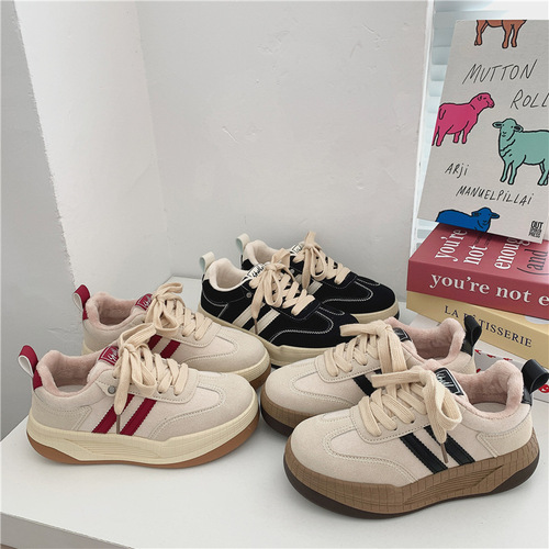 Women's  New Korean Version Casual Winter Canvas Shoes with Thick Soles and Fleece Lining, Versatile British Style White Training Shoes with Fleece and Cotton Insoles