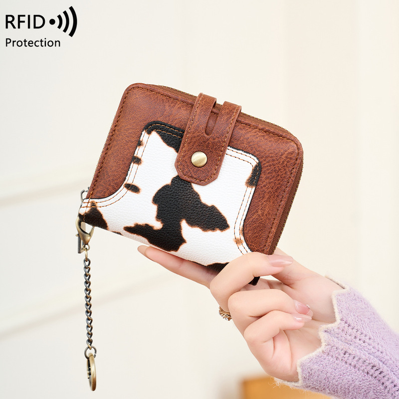 Cross-Border New Rfid Anti-Theft Women's Wallet Chain Keychain Coin Purse Contrasting Color Printed Short Small Wallet