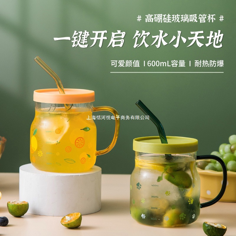 Internet Celebrity Water Cup Glass Straw Cup for Women with Scale Heat-Resistant Microwaveable Couple Mug with Lid Manufacturer Wholesale