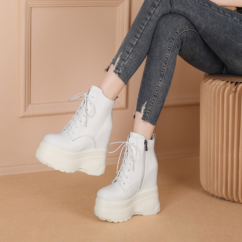 Boot nữ đế dày cao gót 16cm dây buộc chống trượt phong cách Martin — Lót nhung đen