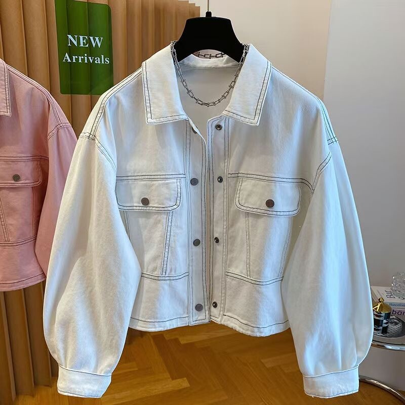 Korean Dongdaemun Pink Denim Jacket for Women, Short Style, 2026 Early Spring New Loose Fit, Visible Stitching Denim Jacket Top