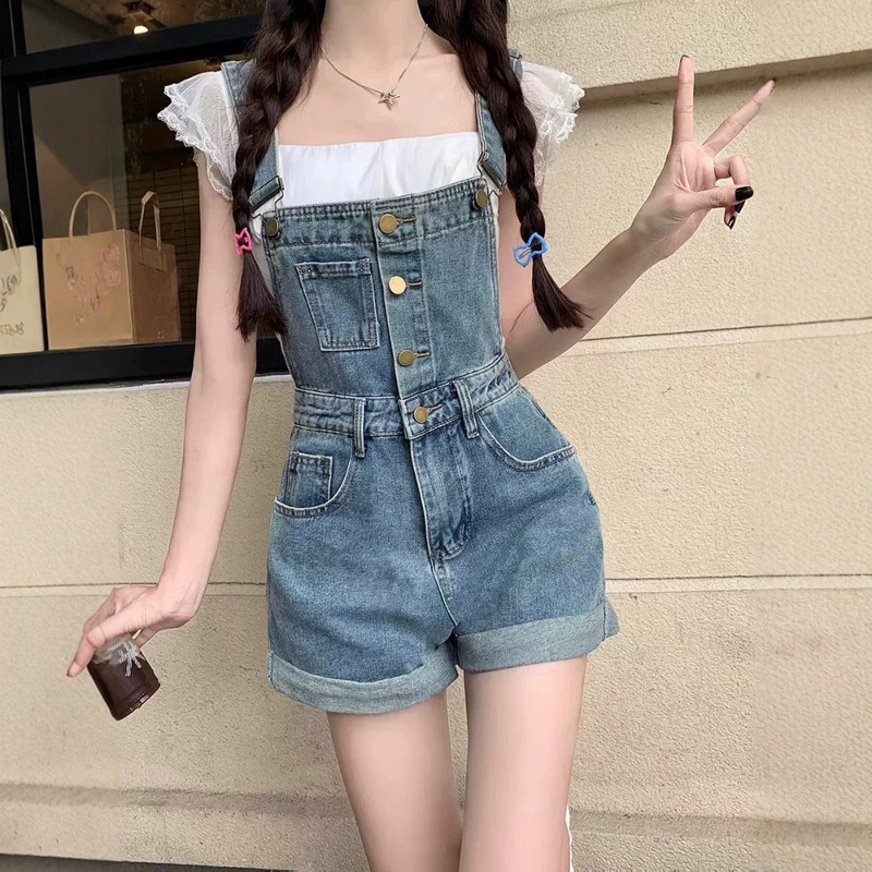 Vintage Rolled-Edge Denim Overalls for Women, Summer Thin High-Waisted Straight Loose Fit, Petite Slimming Jumpsuit Shorts Vintage Rolled-Edge Denim Overalls for Women, Summer Thin High-Waisted Straight Loose Fit, Petite Slimming Jumpsuit Shorts