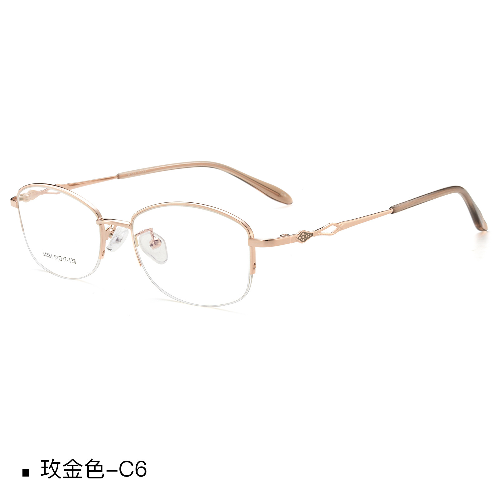 Las mujeres elegantes del todo-fósforo de aleación de medio marco gafas marco vacío chapado IP puede ser equipado con grados gafas de lectura al por mayor Danyang