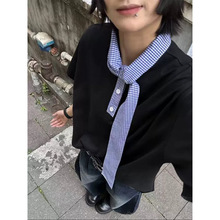 航海家夏季松弛感飘带丝巾领拼接短袖衫男百搭宽松领带恤