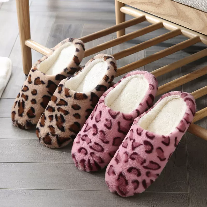 静音软底棉拖鞋  秋冬兔毛豹纹情侣居家木地板欧美保暖棉拖鞋批发