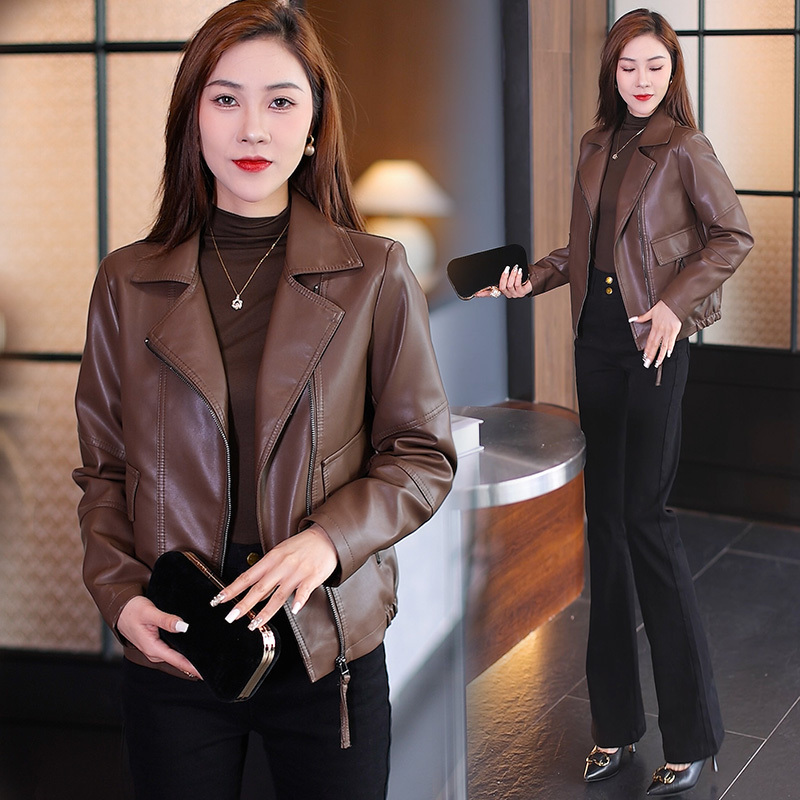 Women's Leather Jacket 2024 Spring and Autumn New Korean Style Biker Jacket Slim Fit Versatile Short Leather Jacket Trendy Top