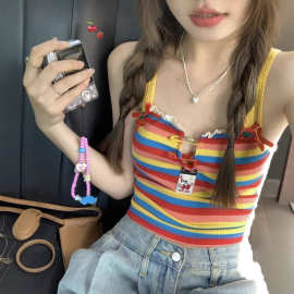 甜辣彩虹条纹露背多巴胺穿搭吊带背心女夏季紧身短款甜酷辣妹上衣
