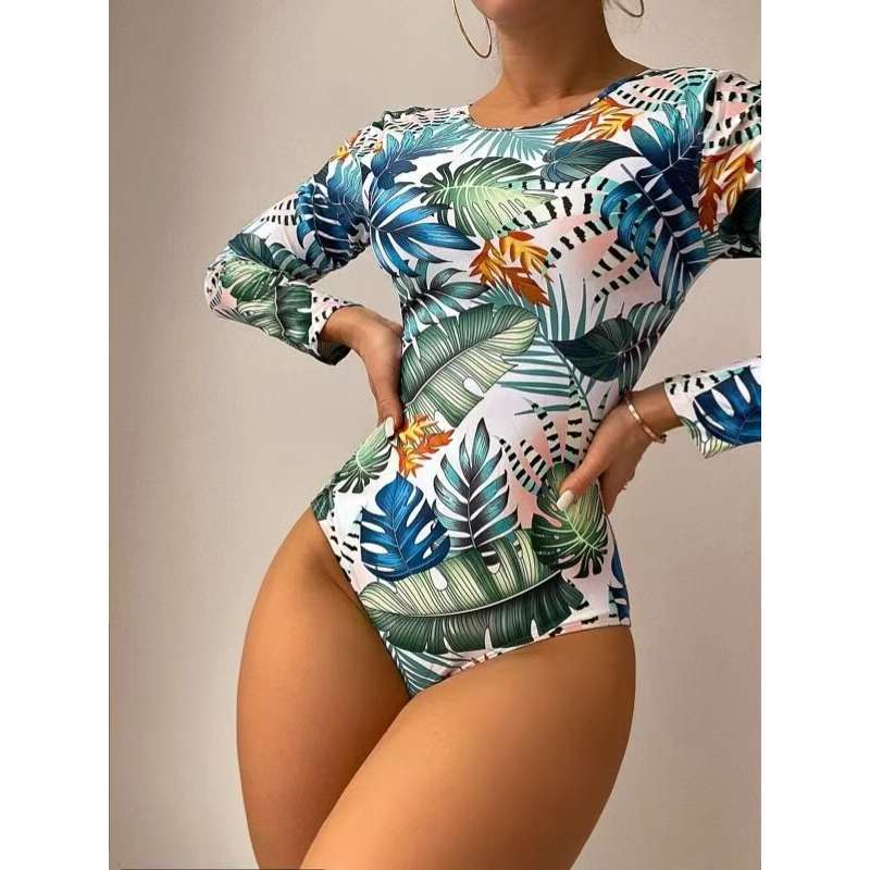 European and American Long-Sleeved One-Piece Swimsuit, Feminine Tight-Fitting Printed Sunscreen Vacation Surfing Wetsuit Amazon Swimsuit