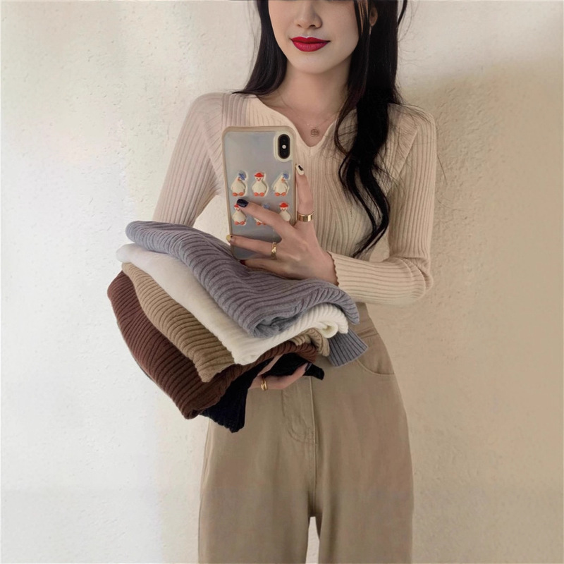 Black Tight-Fitting Sweater with a Small Suit, Long-Sleeved Velvet Knitted V-Neck Bottoming Shirt for Women, Spring & Fall High-End