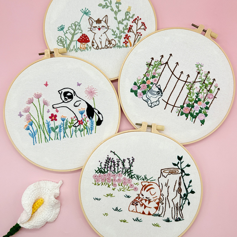 Lu bordado dibujos animados gatito animal pintura colgante bordado a mano paquete de material de bricolaje flores y césped decoración de tela pintura pequeña