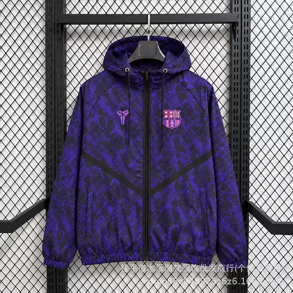 Retro Barcelona Kobe black and purple windbreaker, long-sleeved football training jacket, men's outdoor sportswear with embroidery