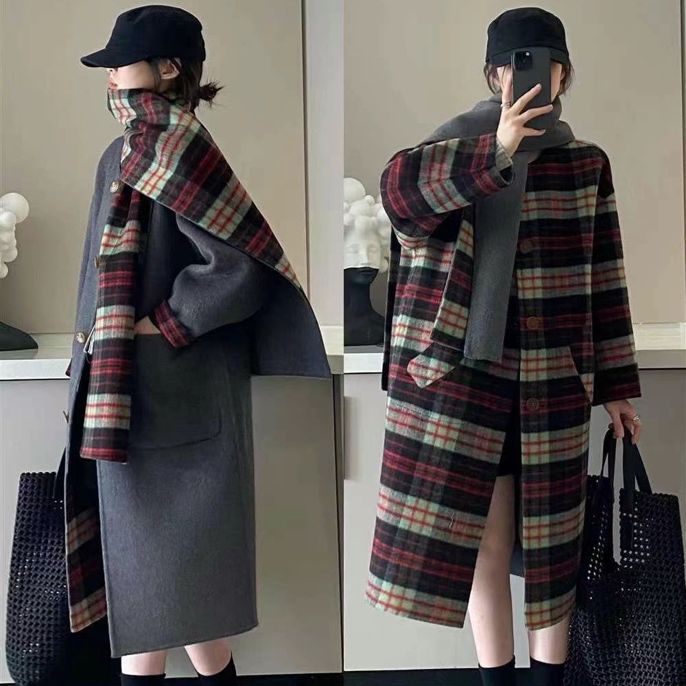 Autumn and Winter New Vintage Plaid Color-block Double-sided Wool Coat Loose Cocoon Scarf Cashmere Mid-length Coat for Women