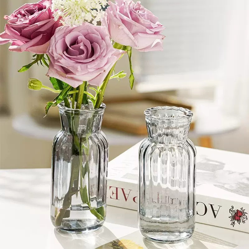 北欧ins风竖条纹简约小口花瓶插花水养家居透明玻璃花器装饰摆件