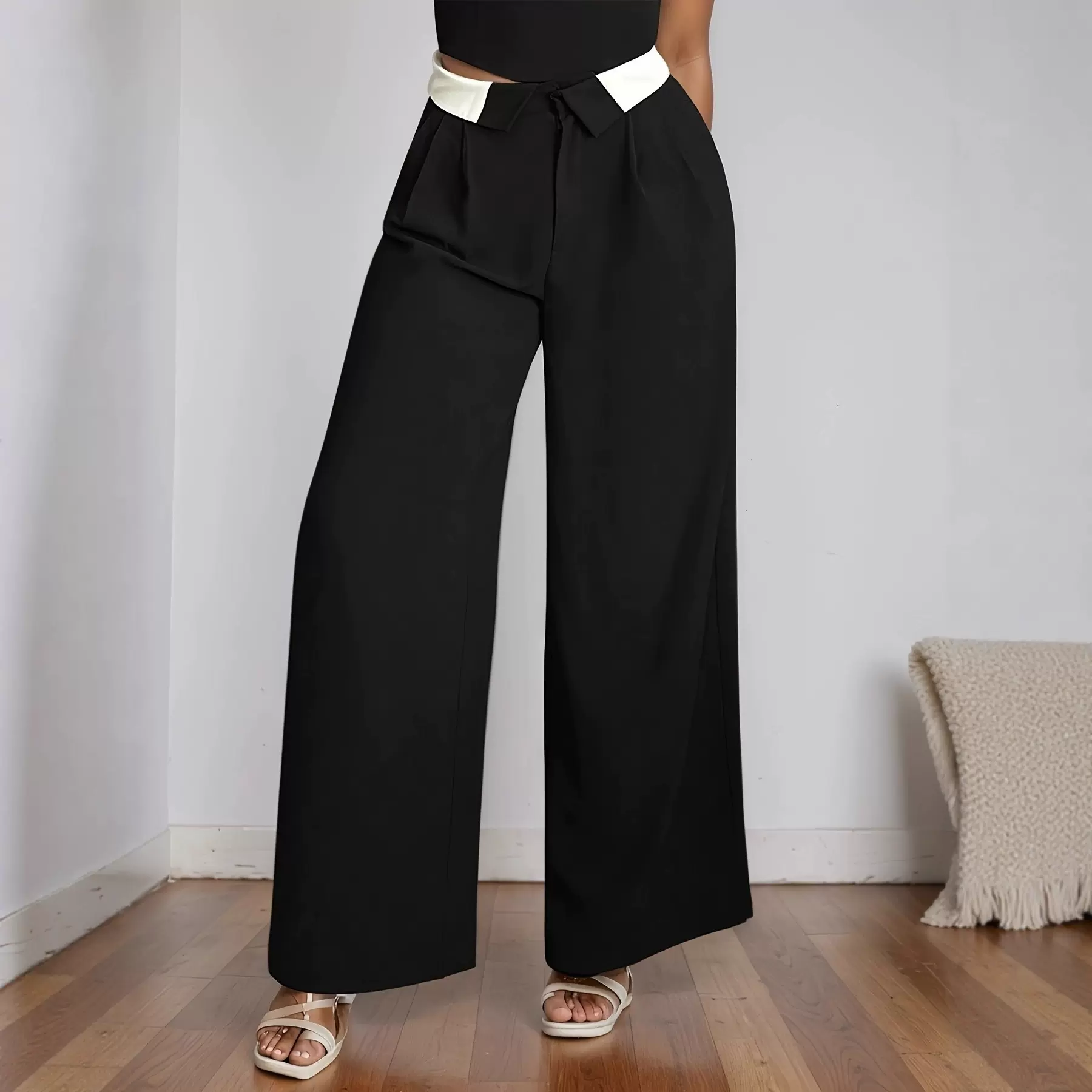 INS欧美跨境新款春秋季纯色高腰垂感直筒裤 修身通勤女士西装裤