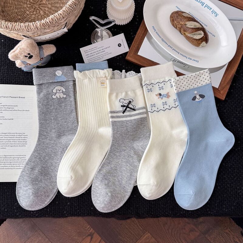 Gray-Blue Soft Cute Cartoon Puppy Mid-Tube Spring-Summer Korean-Style Breathable Seamless Socks for Women, Pure Cotton Ins-Style Slouch Socks