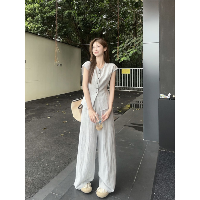 フレンチスタイルのレースアップウエストスリム半袖シャツハイウエストワイドレッグフロアレングスカジュアルパンツレディースサマーファッションスーツ|undefined
