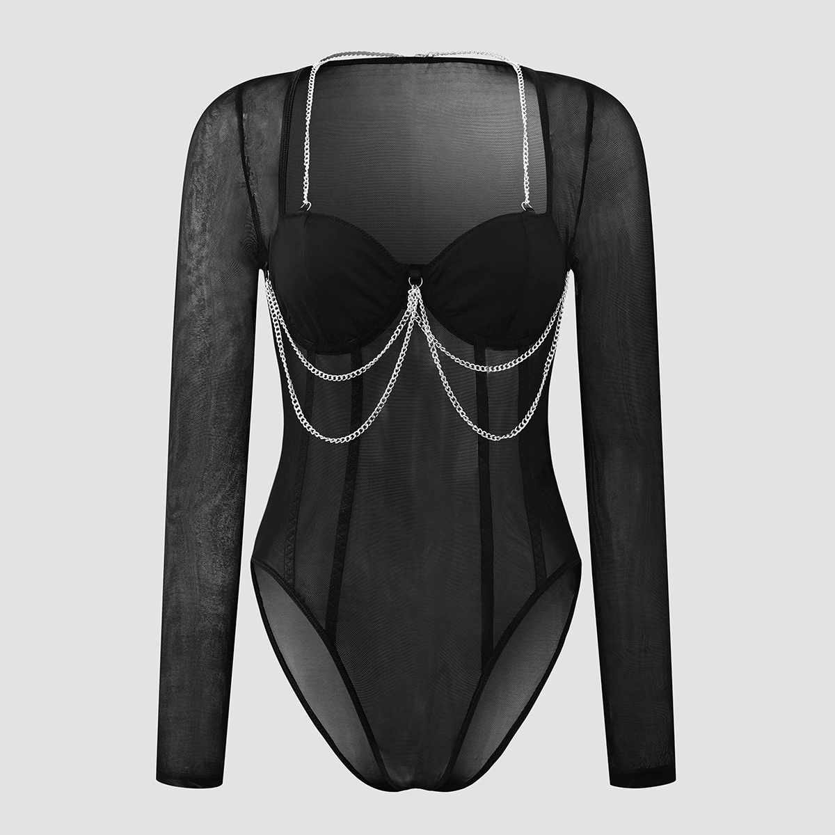 Трансграничный новый осенний и зимний ветер премиум-класса дикие цепи сетчатая пряжа Чистая перспективная облегающая комбинезон с длинными рукавами 10819