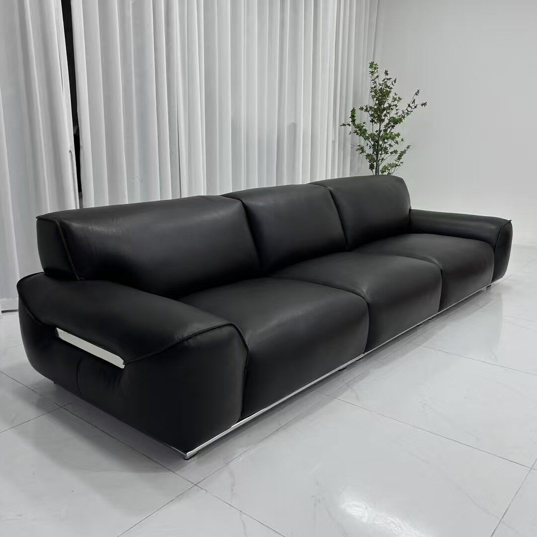 Sofá de bisón minimalista italiano negro recto sofá de cuero, sofá de cuero de vaca, sala de estar diseñador de sofá combinación