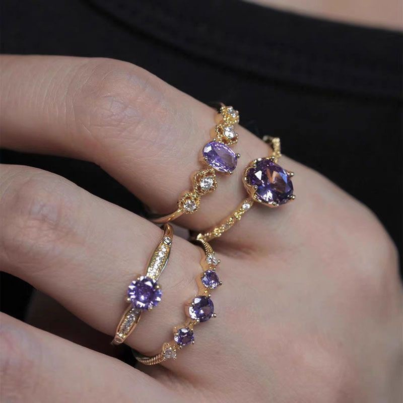 French Design Light Luxury Olive Green Purple Zircon Exquisite Niche Versatile Open Ring Women's Set Ring