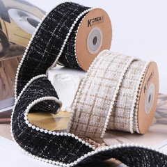 Linen fabric with scallion pattern, pearl edge ribbon, DIY handmade bow hair accessory for clothing sleeves, shoes, and flowers