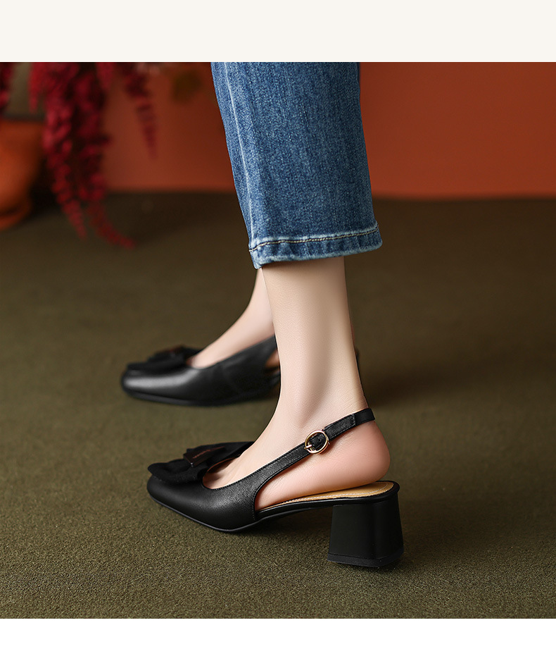 Sandal nữ mũi vuông quai ngang gót trung, phong cách mới xuân hè — Màu đen chi tiết 10