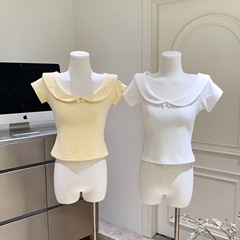 昭和doll感大人形襟蝶結び少女感日本風ショートtシャツ