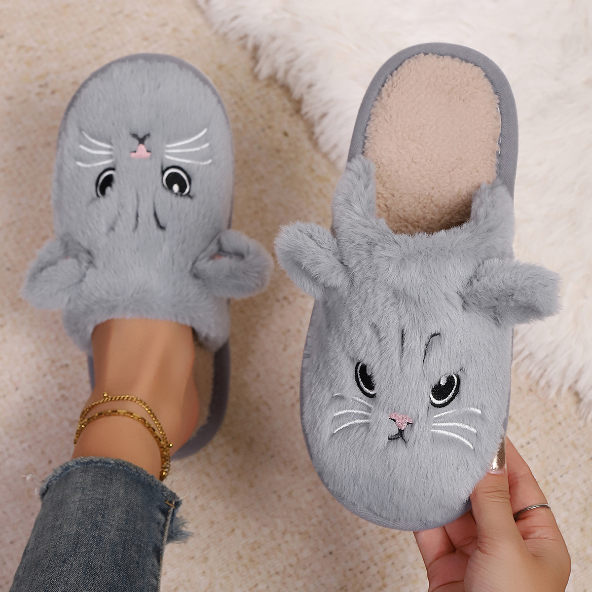 Baotou transfronterizo damas otoño invierno interior y exterior soleas cálidas de peluche zapatillas de algodón zapatillas de espuma EVA suela