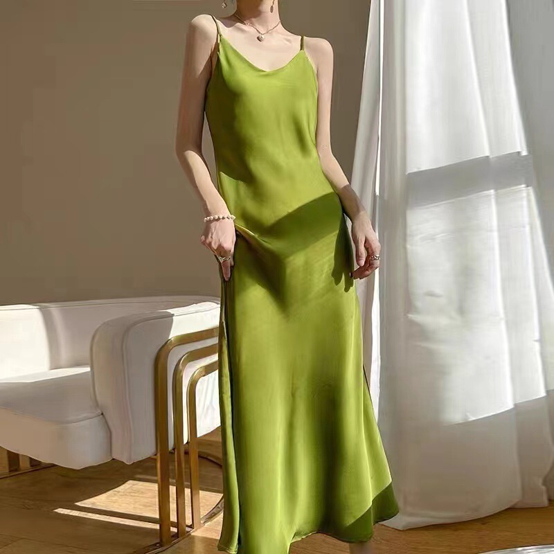 New French Summer Acetate Satin Loose Suspbottomer Long Skirt Dress Design Fishtail Skirt Women's Bottoming Elegant
