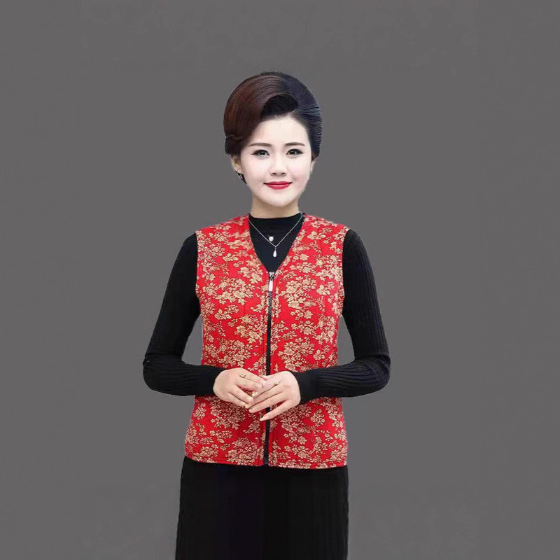 Autumn and Winter Women's Middle-Aged and Elderly Vests Thickeneded Vests Fleece-Lined Grandma Floral Warm Mother's Vest Zipper Vest